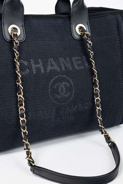 Chanel Small Deauville Black Canvas Logo Shopping Bag