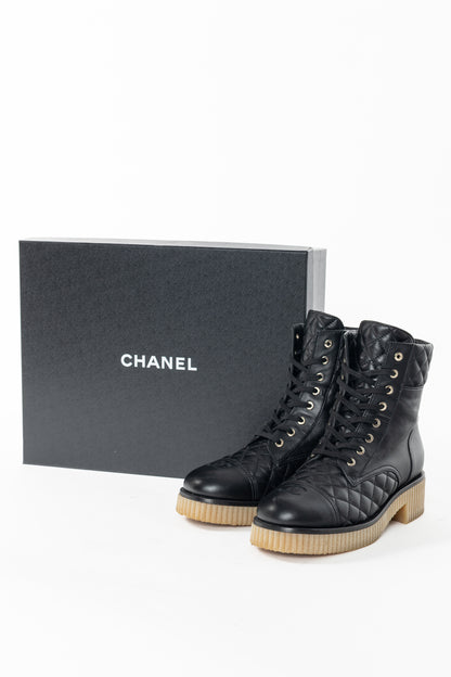 Chanel Black Quilted Leather Interlocking-CC Combat Boots