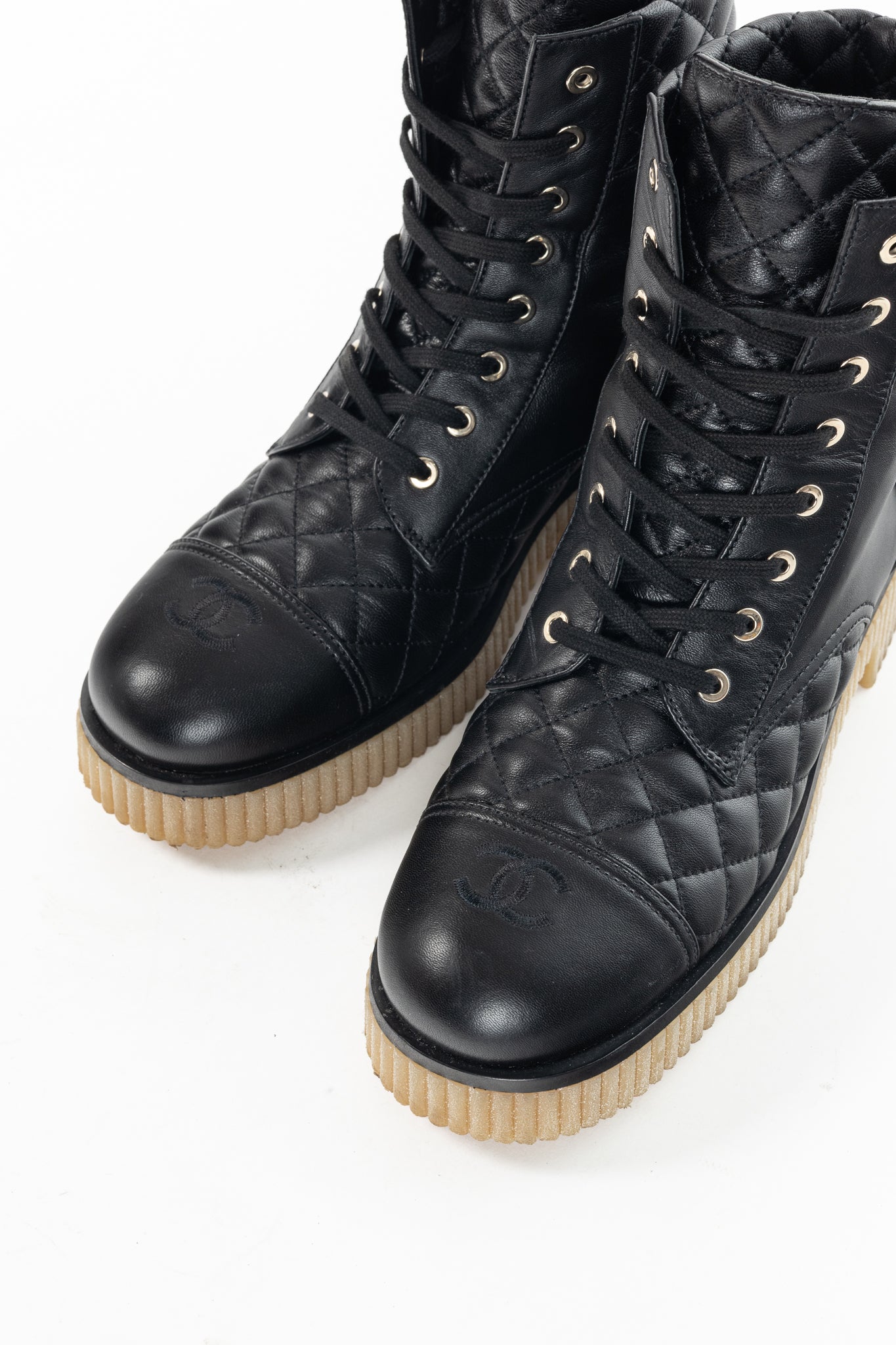Chanel Black Quilted Leather Interlocking-CC Combat Boots