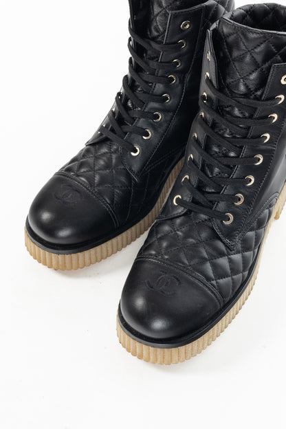 Chanel Black Quilted Leather Interlocking-CC Combat Boots