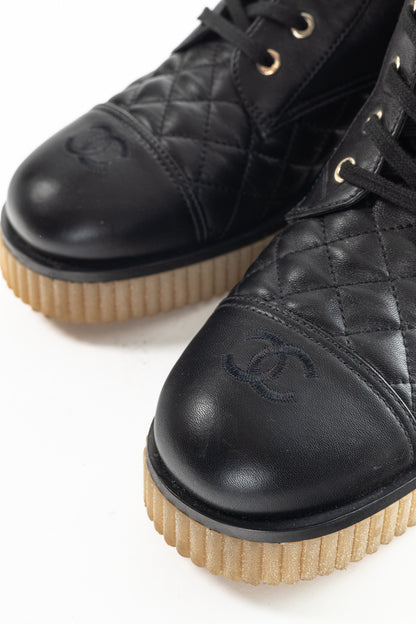 Chanel Black Quilted Leather Interlocking-CC Combat Boots