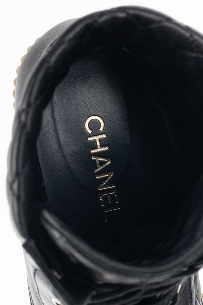 Chanel Black Quilted Leather Interlocking-CC Combat Boots
