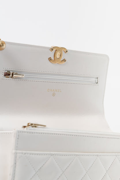 Chanel Pearl Crush White Quilted Lambskin Leather Wallet on Chain