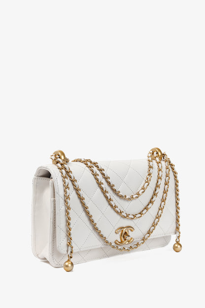 Chanel Pearl Crush White Quilted Lambskin Leather Wallet on Chain