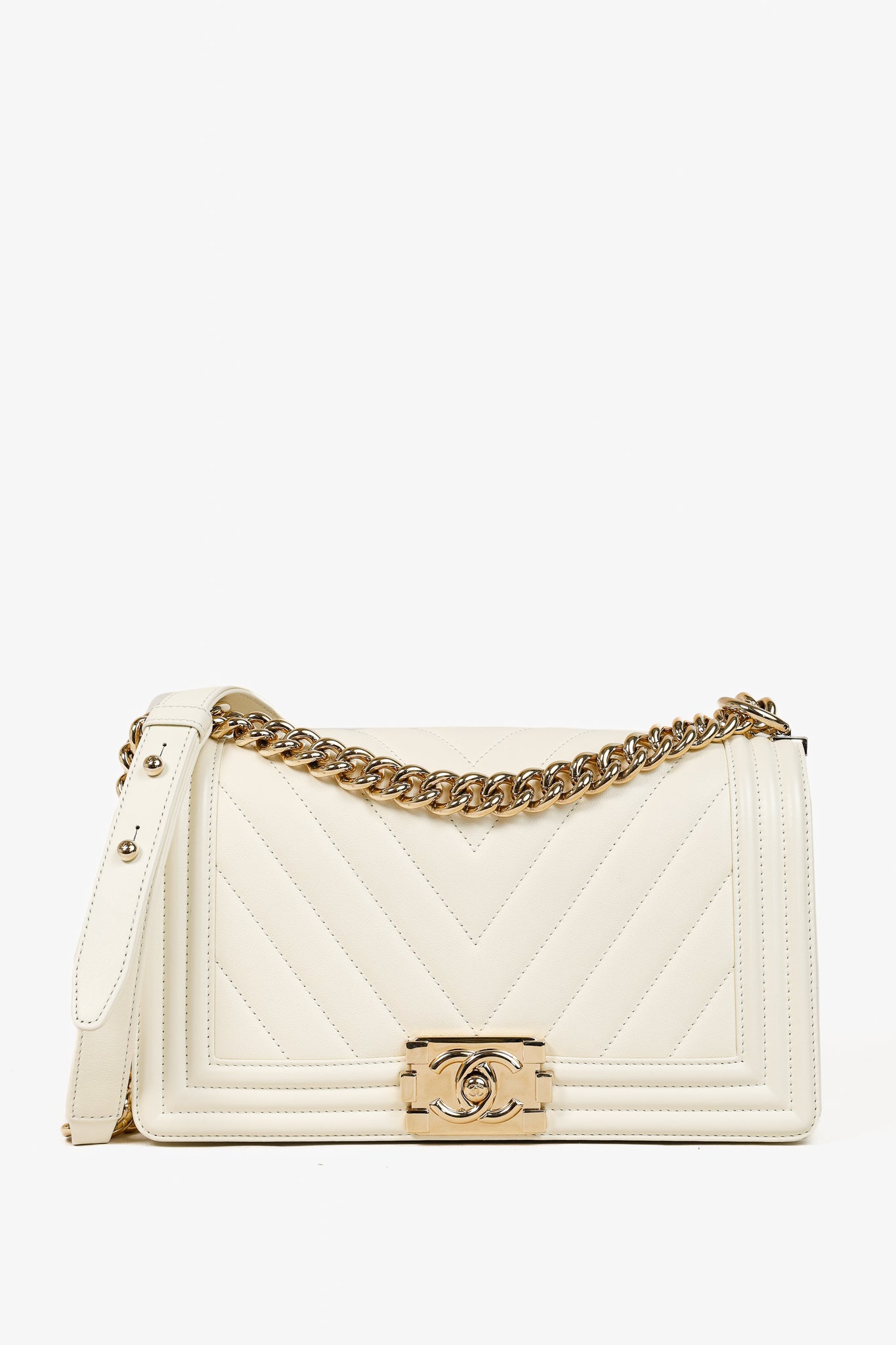 Chanel Medium Boy Creme Chevron Lambskin Flap Shoulder Bag