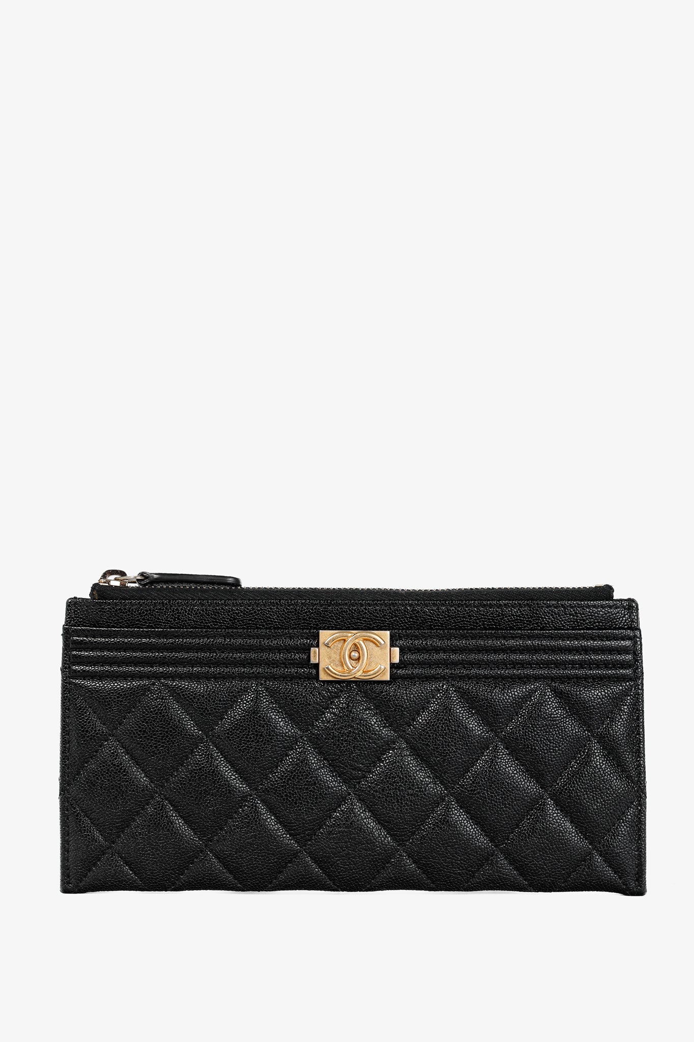 Chanel Black Caviar Leather Quilted Boy Zip Pouch