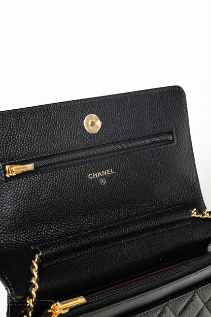 Chanel Black Caviar Leather Gold Strap Classic Wallet-On-Chain