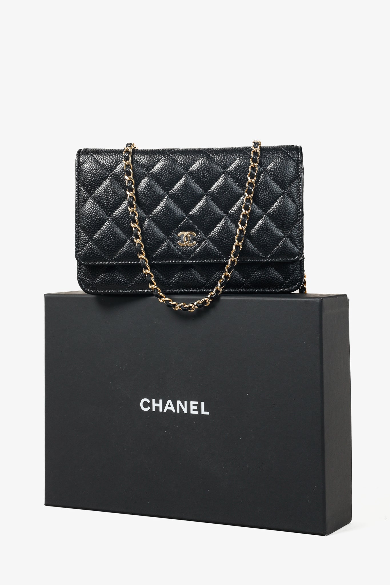 Chanel Black Caviar Leather Gold Strap Classic Wallet-On-Chain