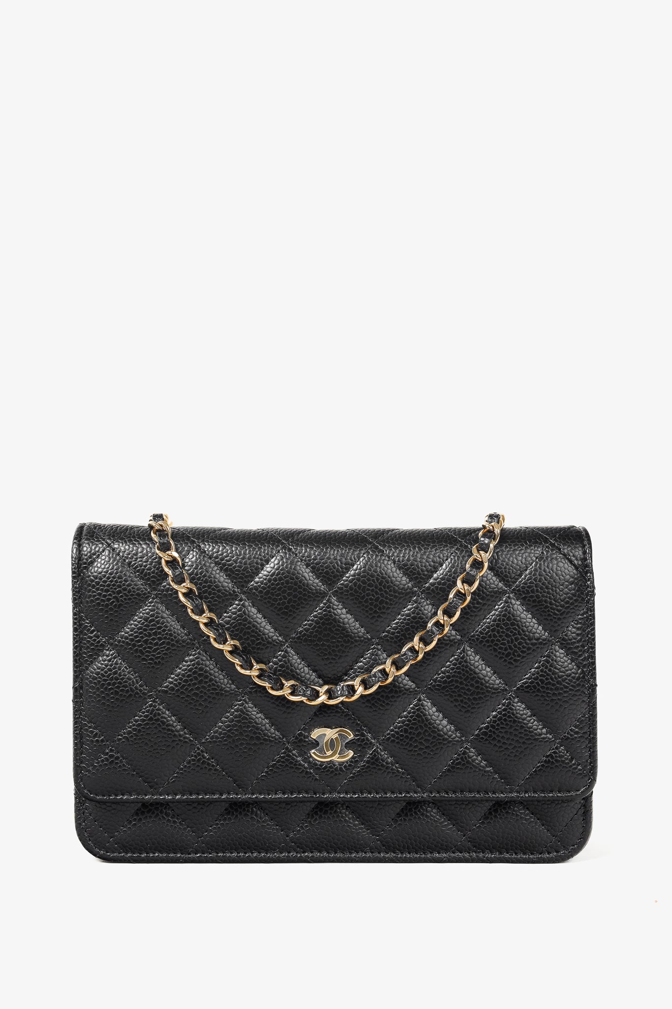 Chanel Black Caviar Leather Gold Strap Classic Wallet-On-Chain