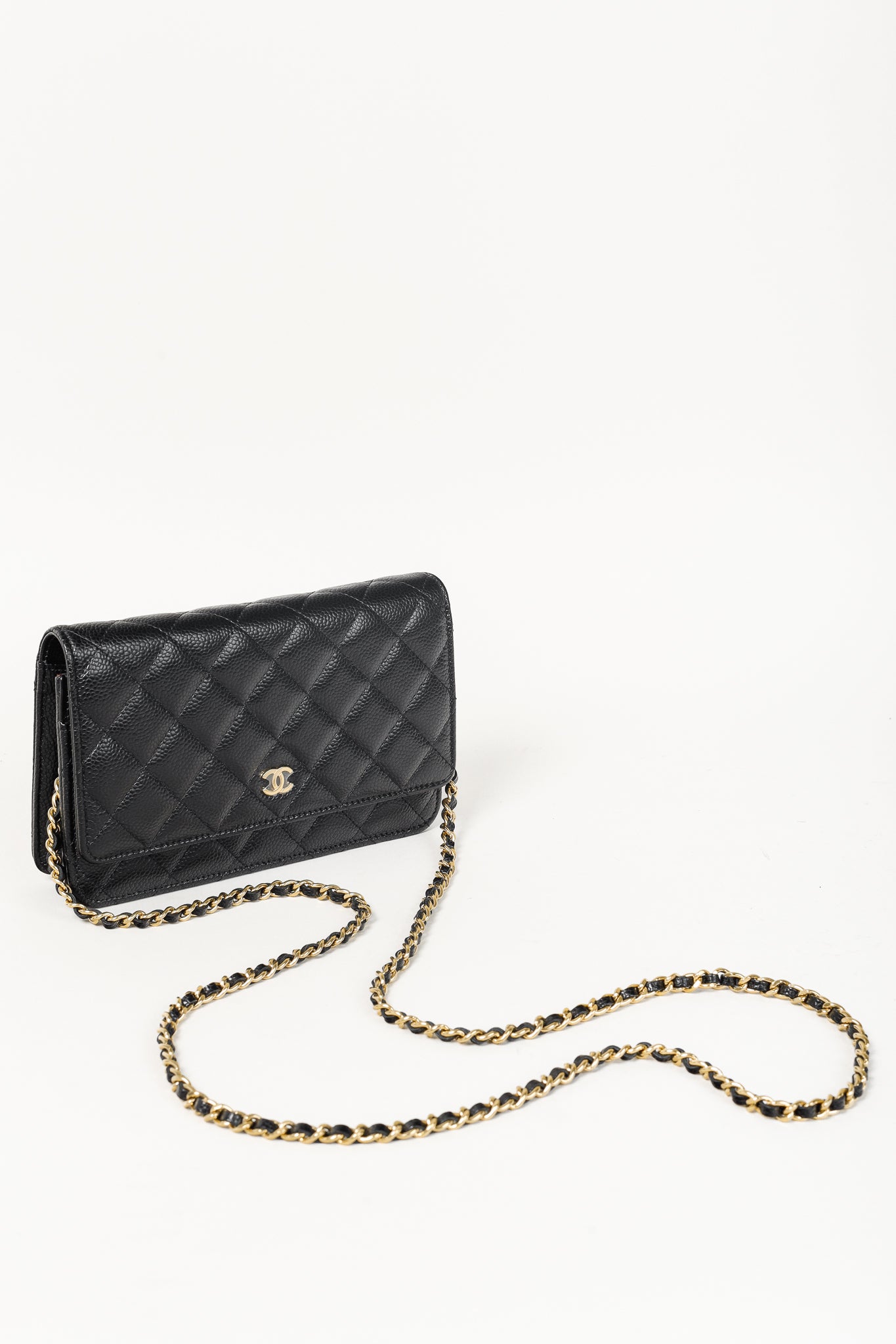 Chanel Black Caviar Leather Gold Strap Classic Wallet-On-Chain