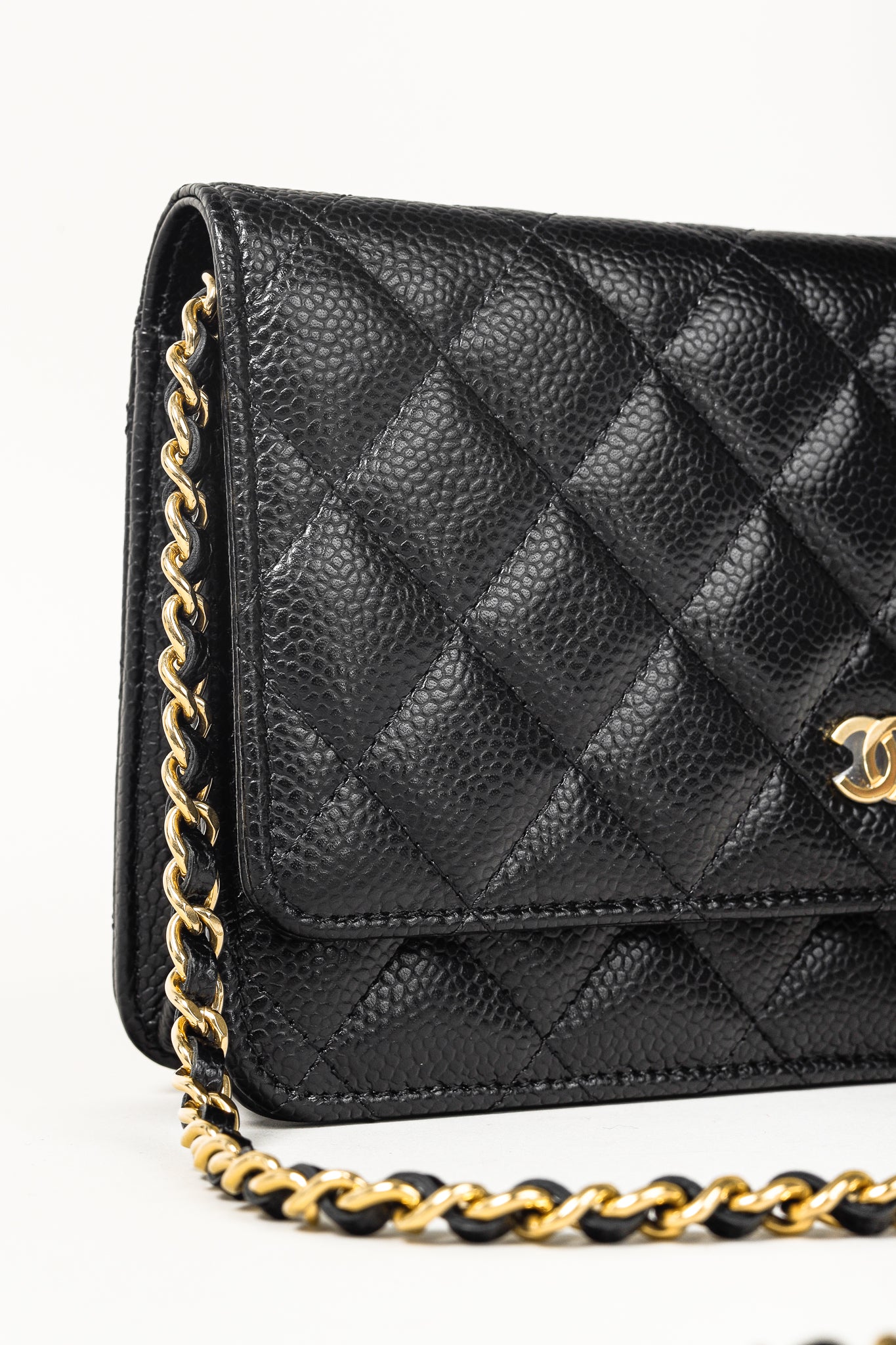 Chanel Black Caviar Leather Gold Strap Classic Wallet-On-Chain