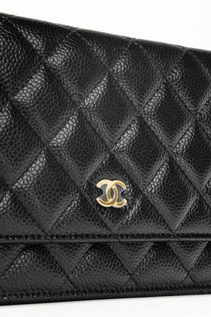 Chanel Black Caviar Leather Gold Strap Classic Wallet-On-Chain