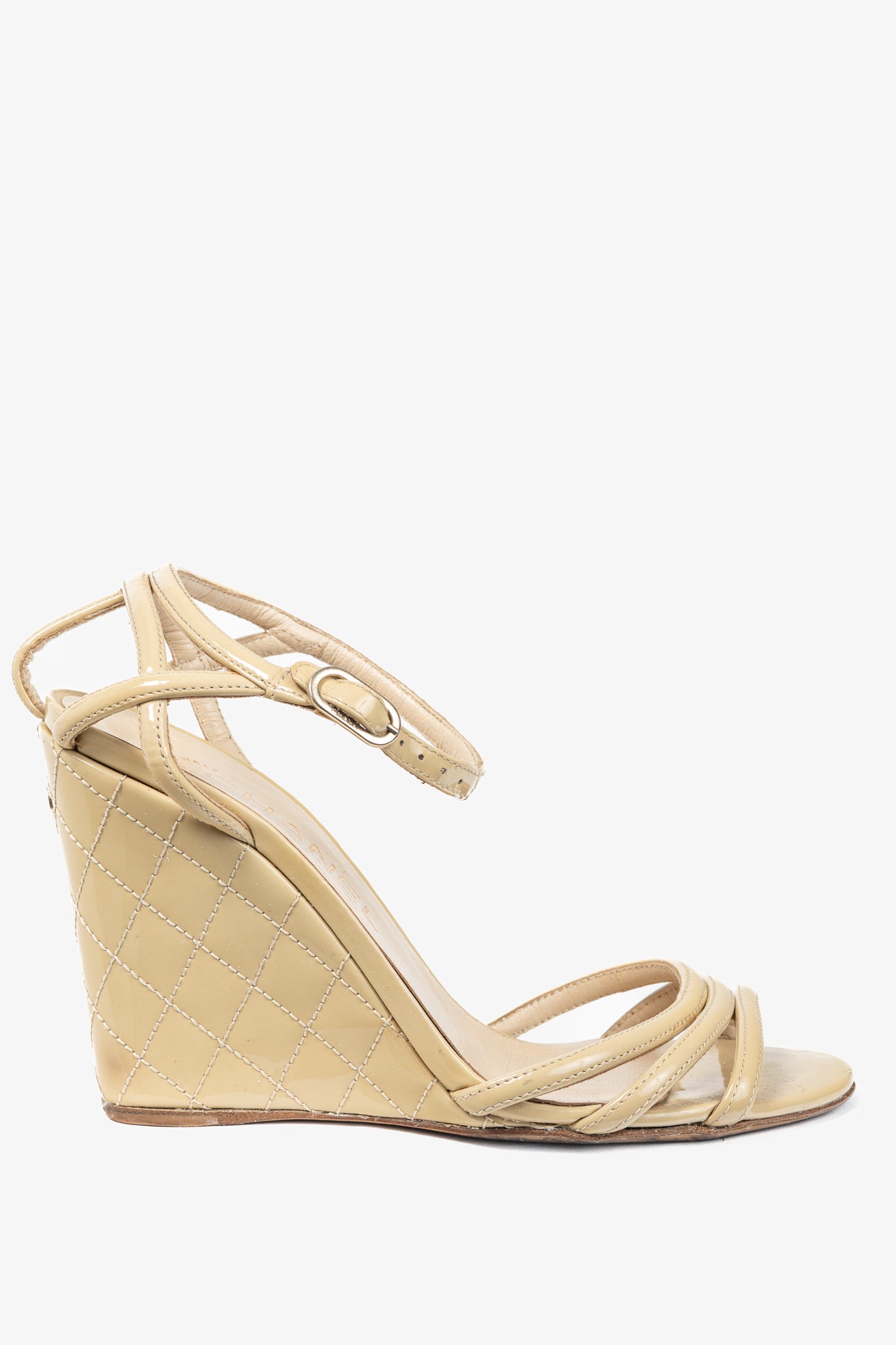 Chanel Beige Patent Leather Quilted-Wedge Sandals