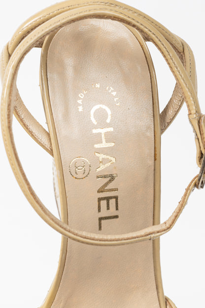 Chanel Beige Patent Leather Quilted-Wedge Sandals