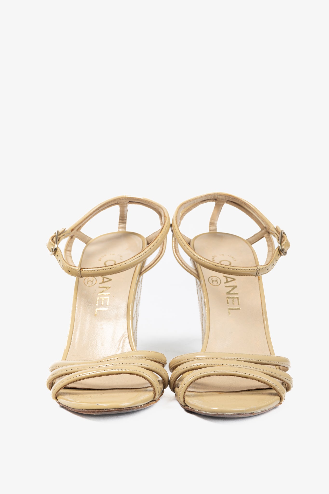 Chanel Beige Patent Leather Quilted-Wedge Sandals