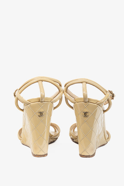 Chanel Beige Patent Leather Quilted-Wedge Sandals