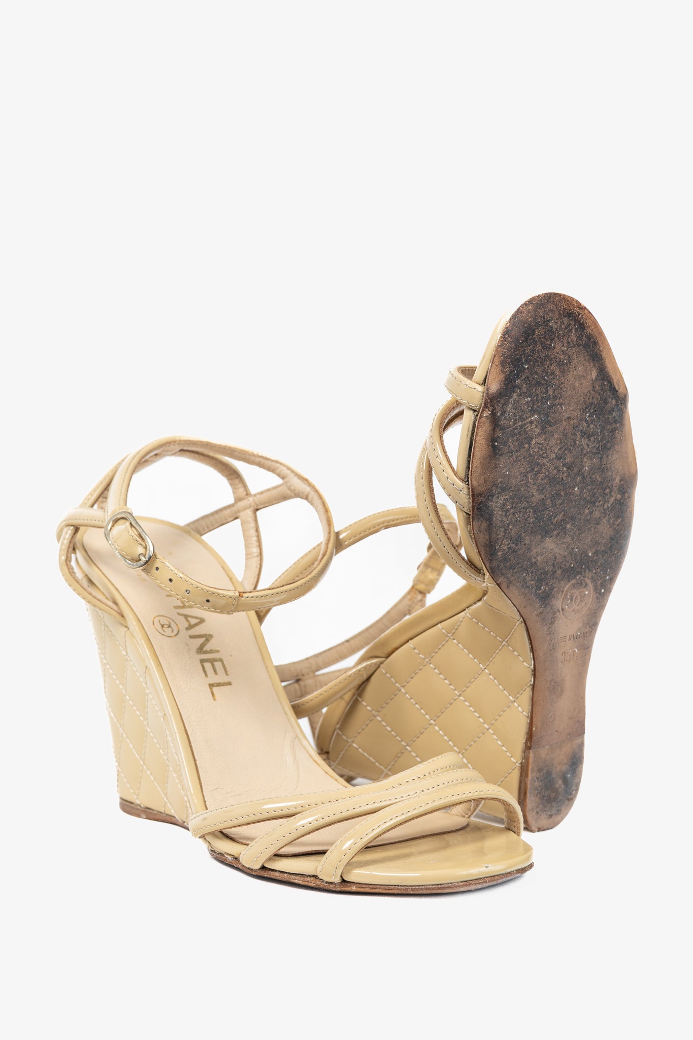 Chanel Beige Patent Leather Quilted-Wedge Sandals