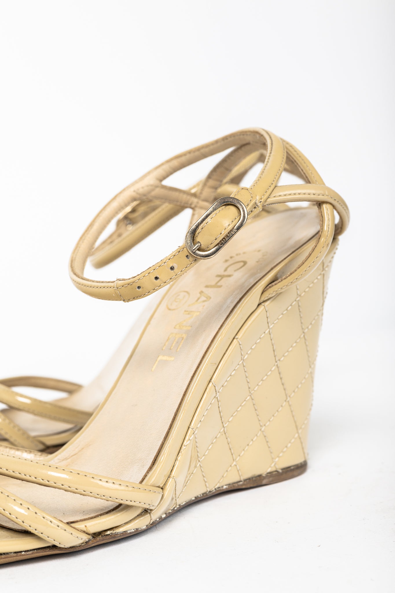Chanel Beige Patent Leather Quilted-Wedge Sandals