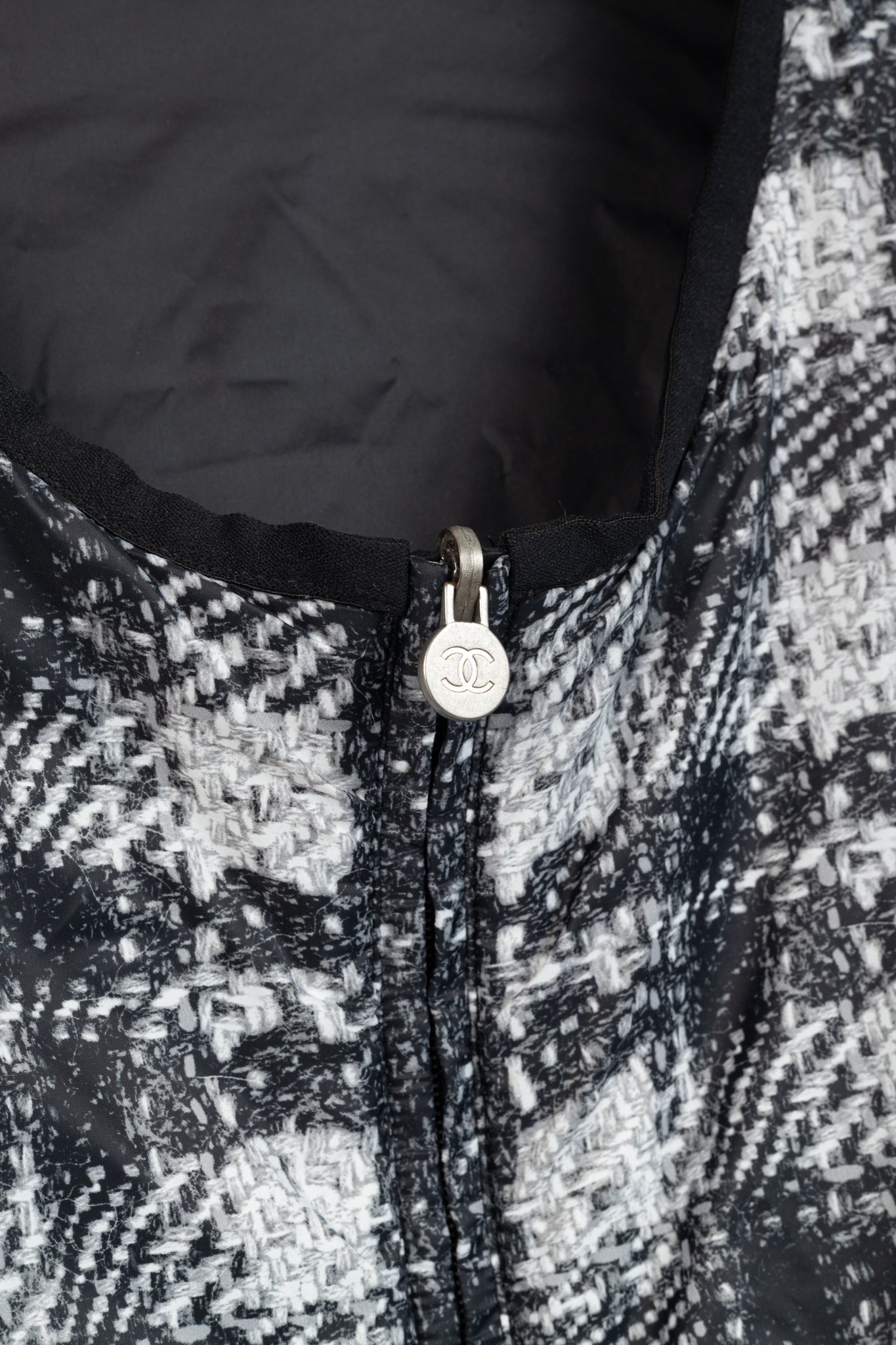 Chanel Reversible Grey Tweed-Printed & Black Nylon Jacket