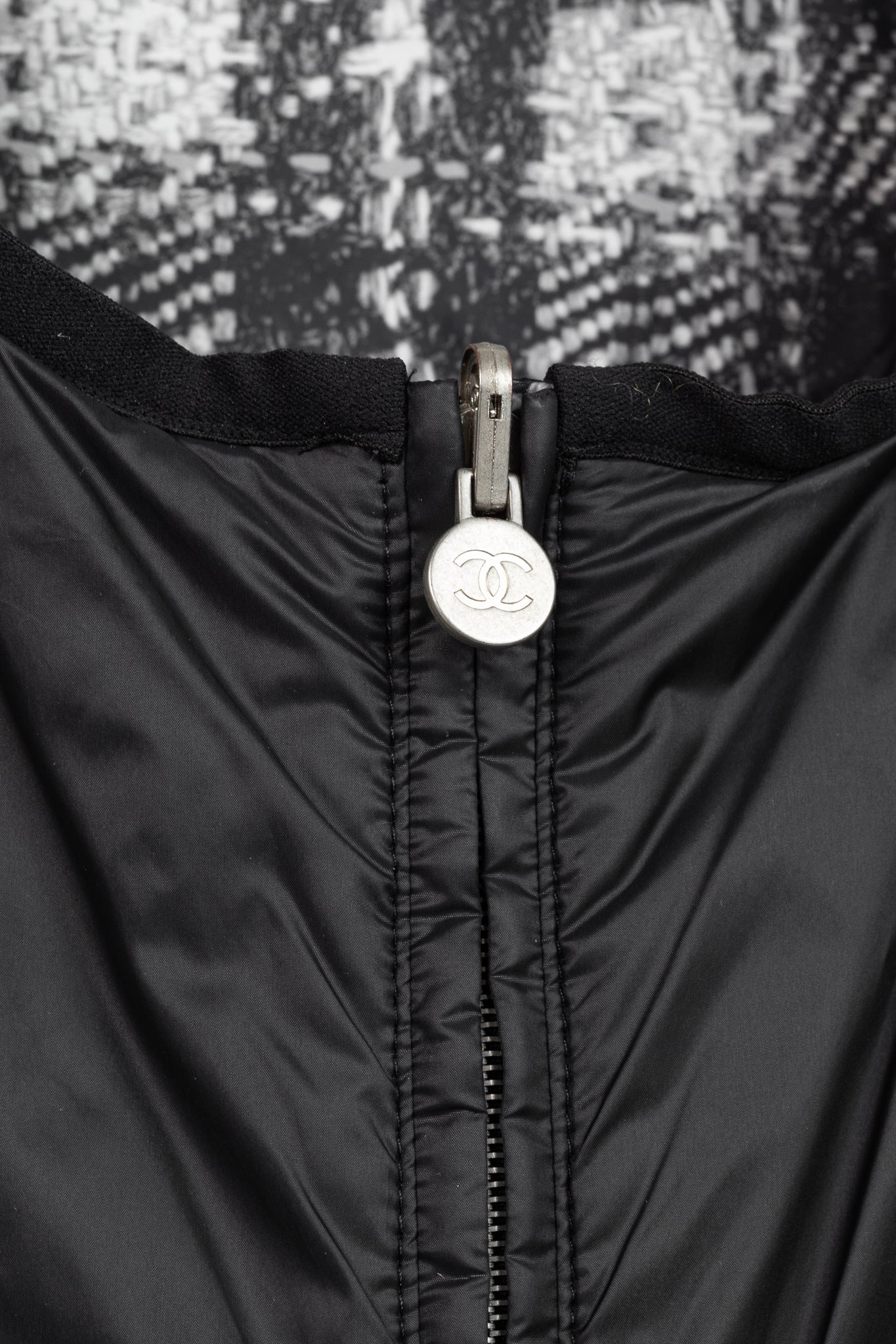 Chanel Reversible Grey Tweed-Printed & Black Nylon Jacket