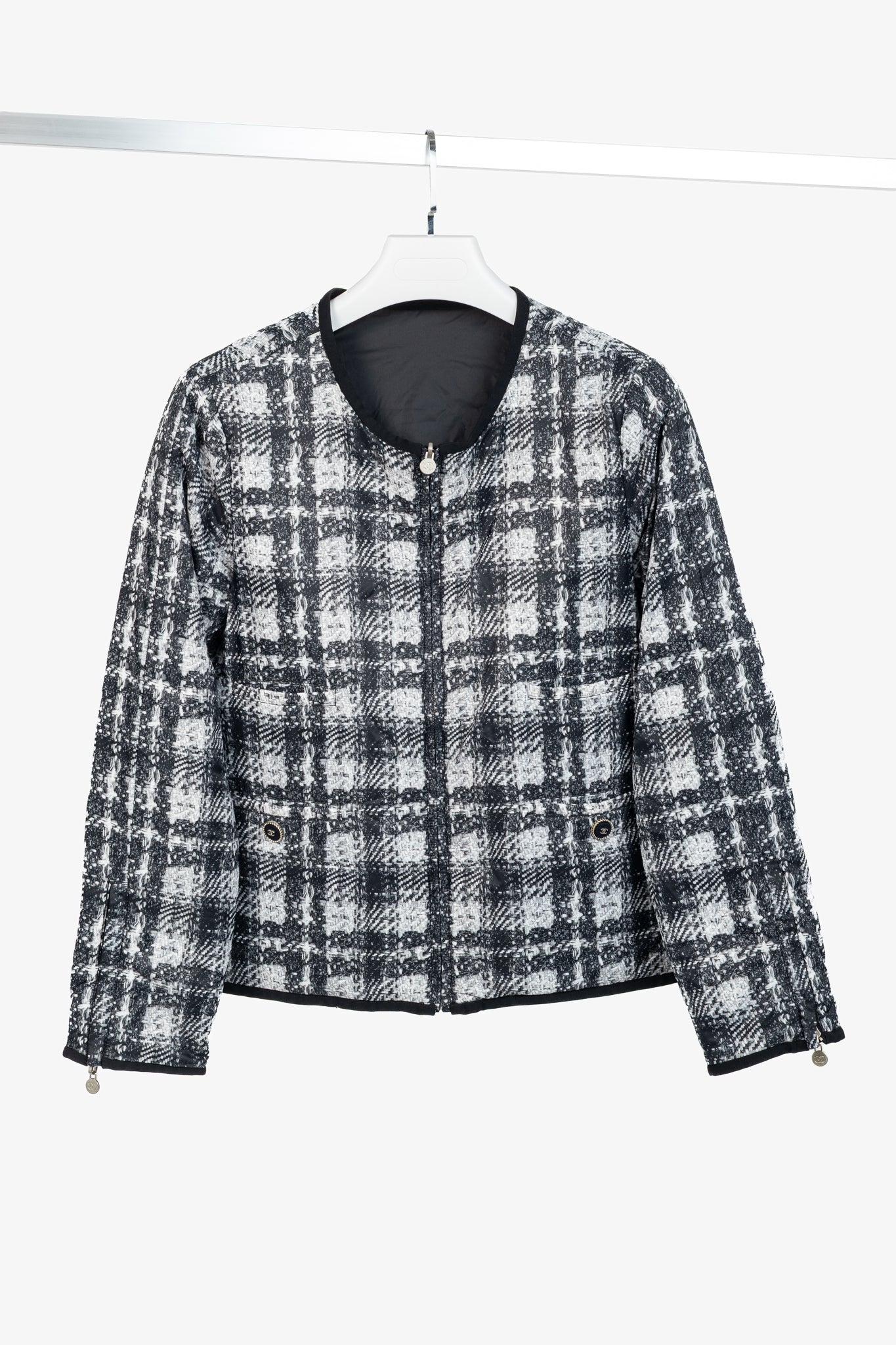Chanel Reversible Grey Tweed-Printed & Black Nylon Jacket