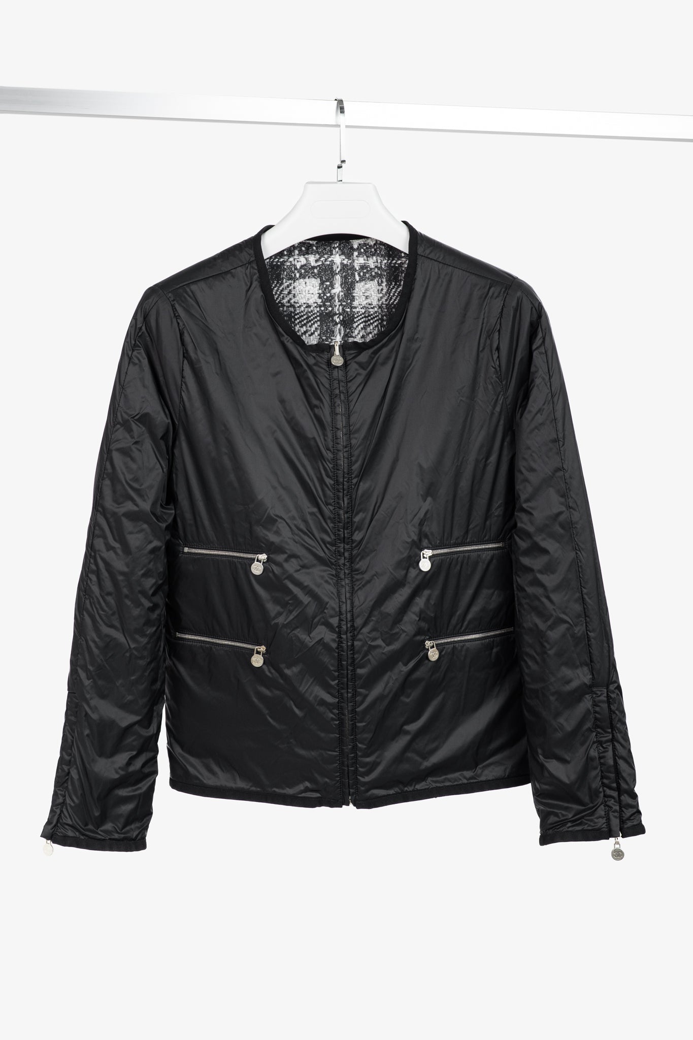 Chanel Reversible Grey Tweed-Printed & Black Nylon Jacket