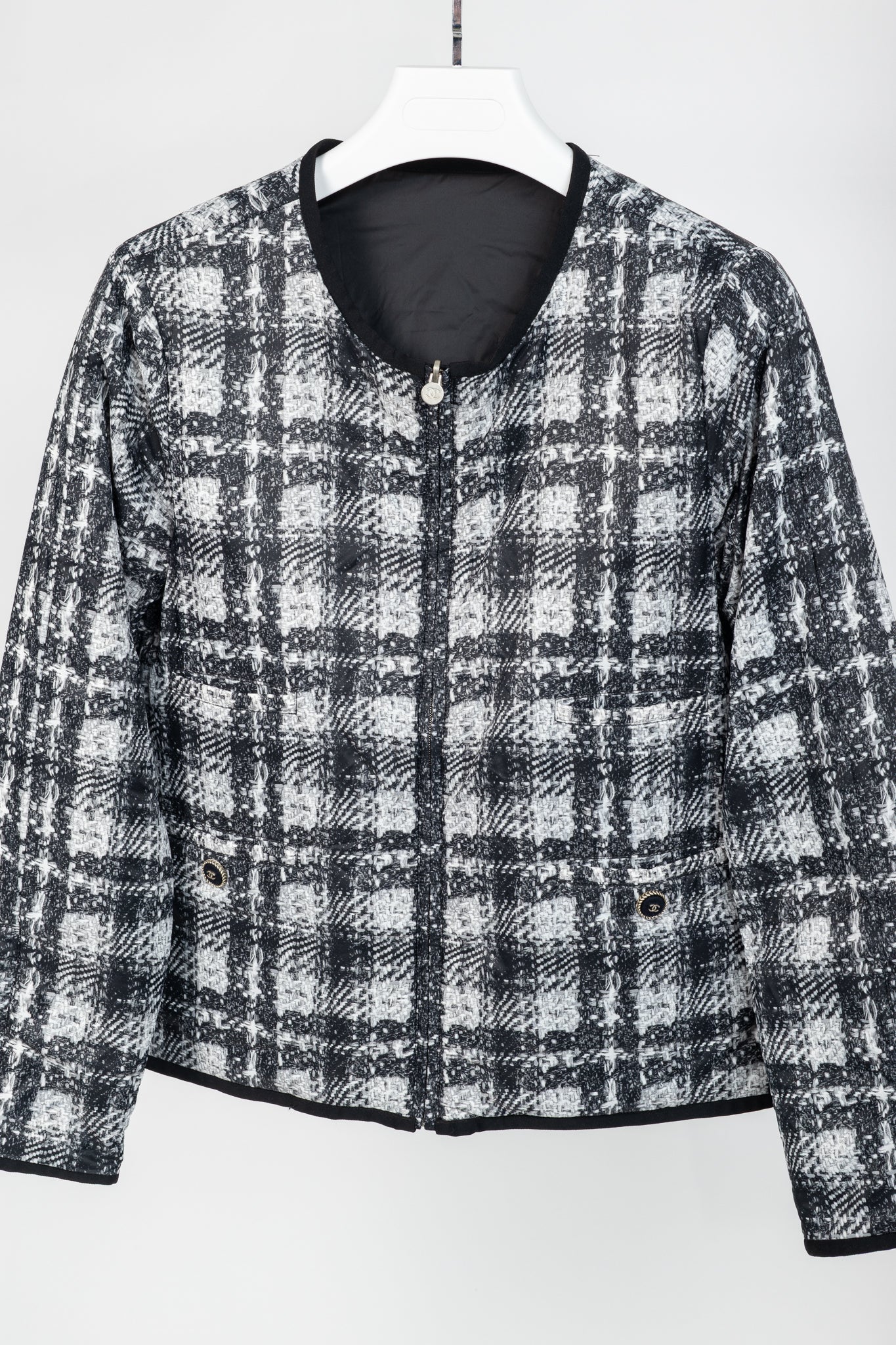 Chanel Reversible Grey Tweed-Printed & Black Nylon Jacket