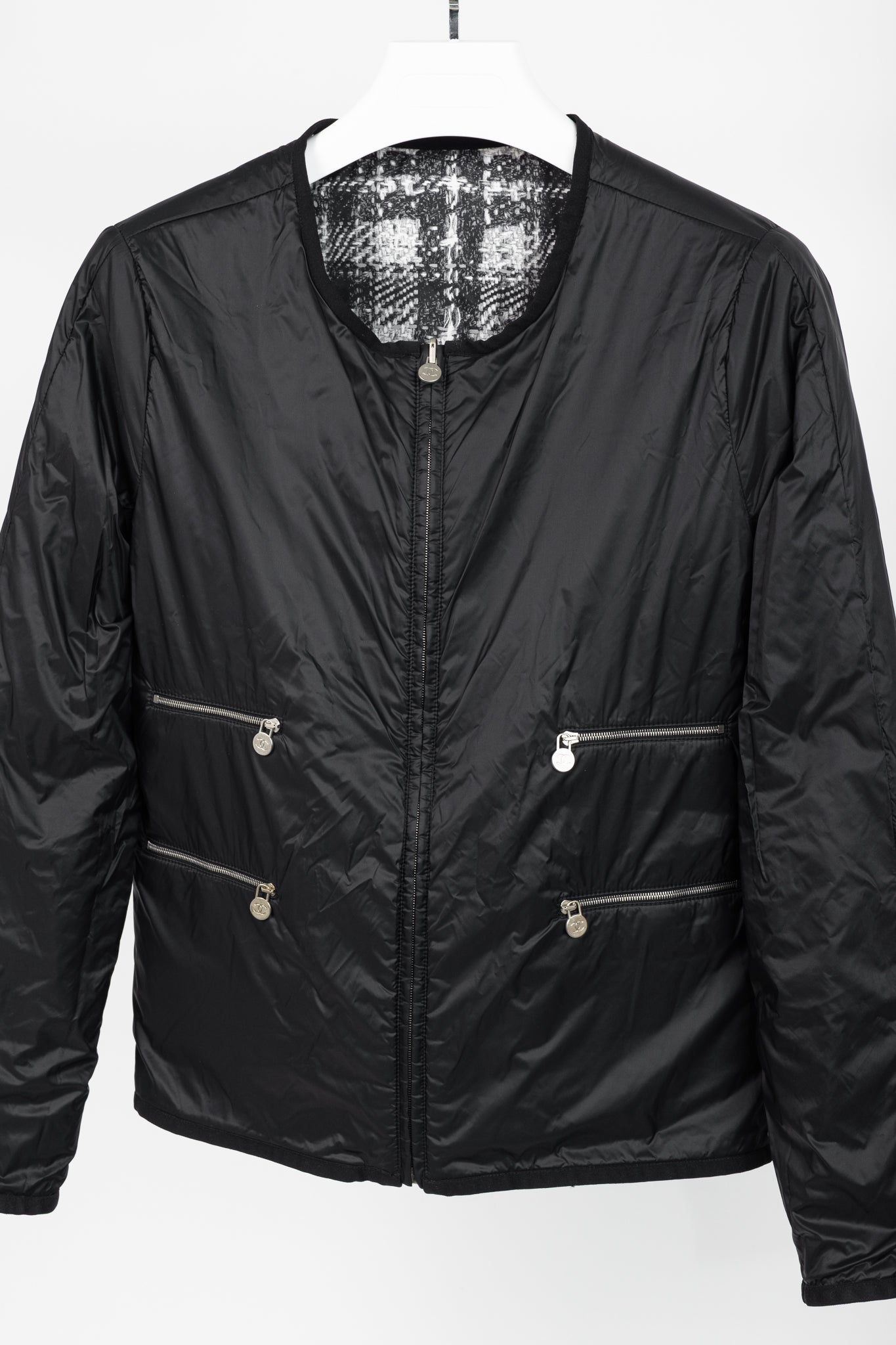 Chanel Reversible Grey Tweed-Printed & Black Nylon Jacket