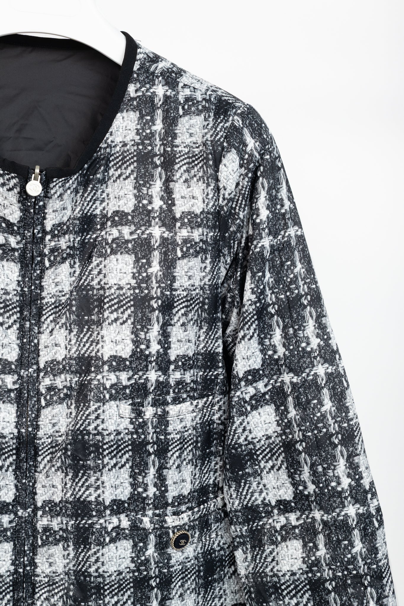 Chanel Reversible Grey Tweed-Printed & Black Nylon Jacket