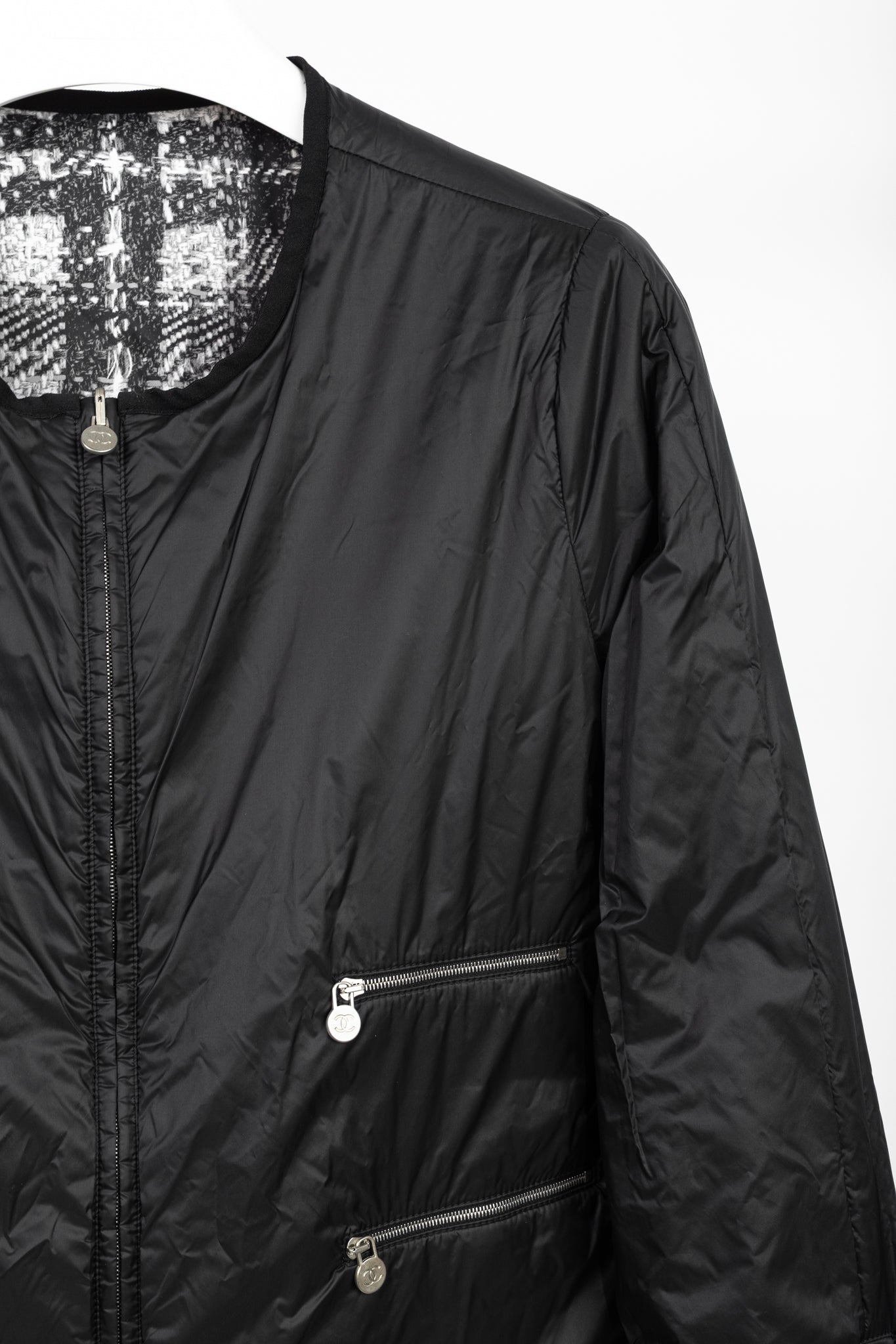 Chanel Reversible Grey Tweed-Printed & Black Nylon Jacket