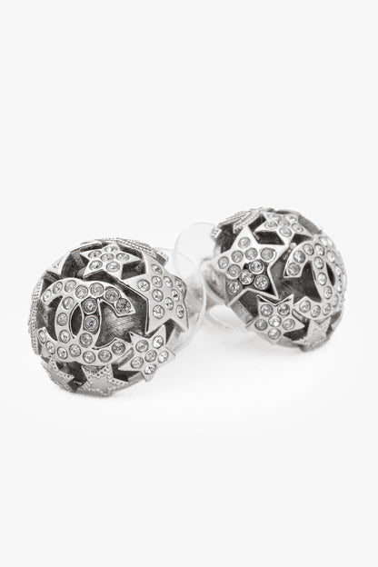 Chanel B25 Silver-Tone Crystal Star Domed Stud Earrings
