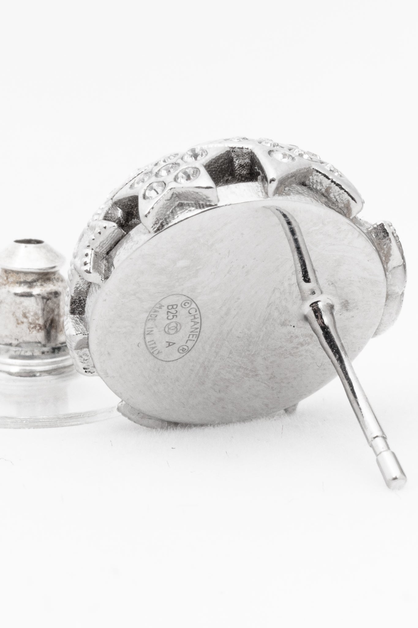 Chanel B25 Silver-Tone Crystal Star Domed Stud Earrings