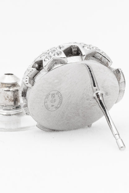 Chanel B25 Silver-Tone Crystal Star Domed Stud Earrings