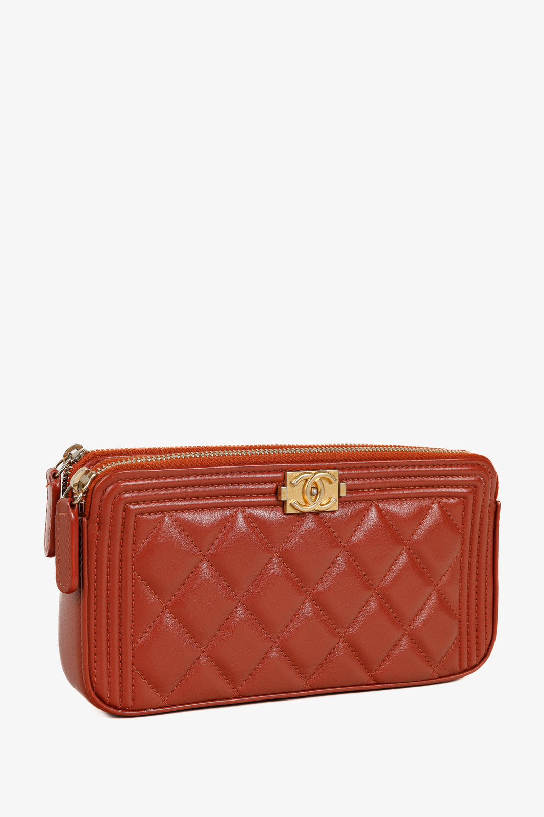 Chanel Red Grained Calfskin GHW Quilted Small Boy Clutch With Chain