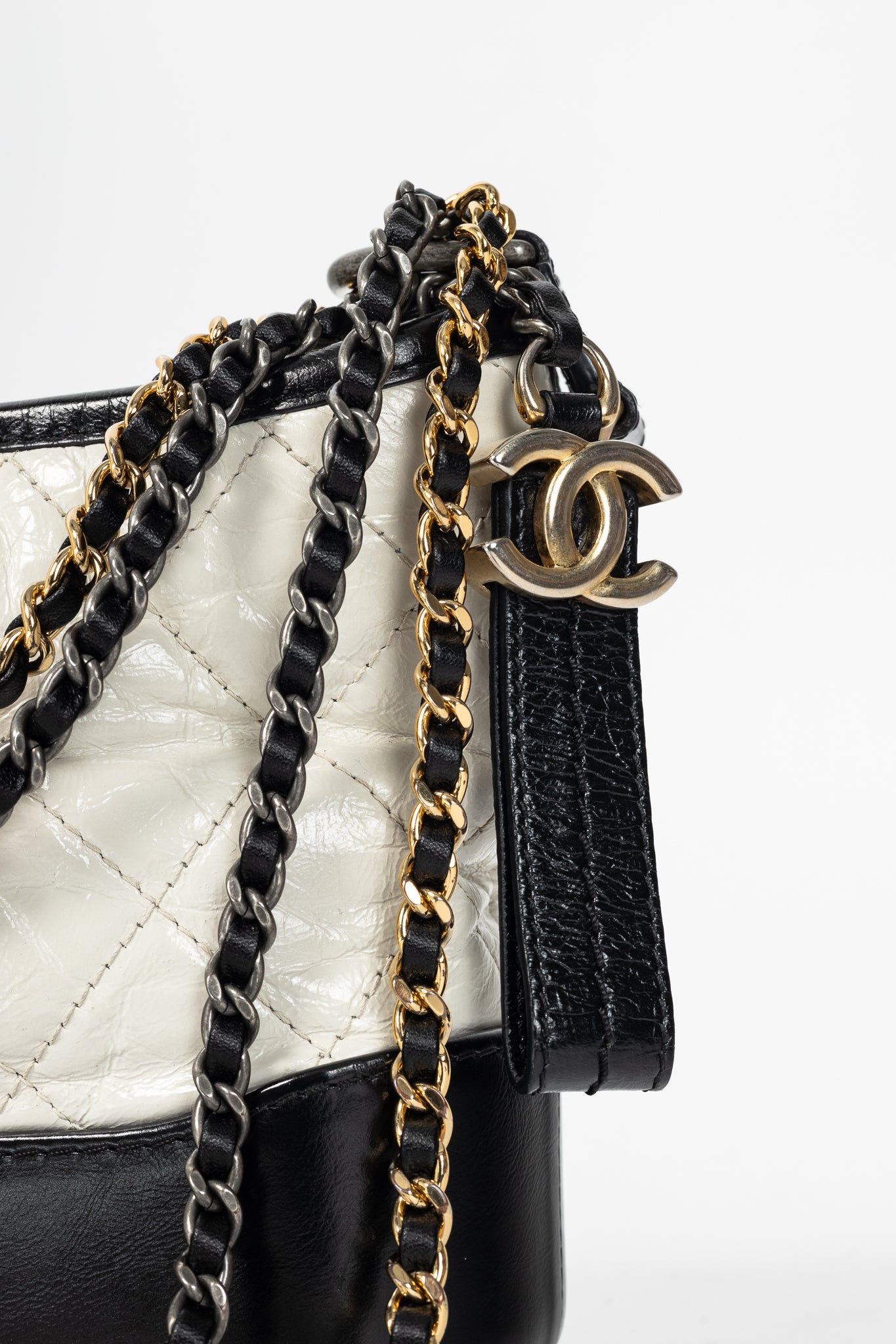 Chanel Small Gabrielle Hobo White & Black Aged Calfskin Quilted-Leather Shoulder Bag