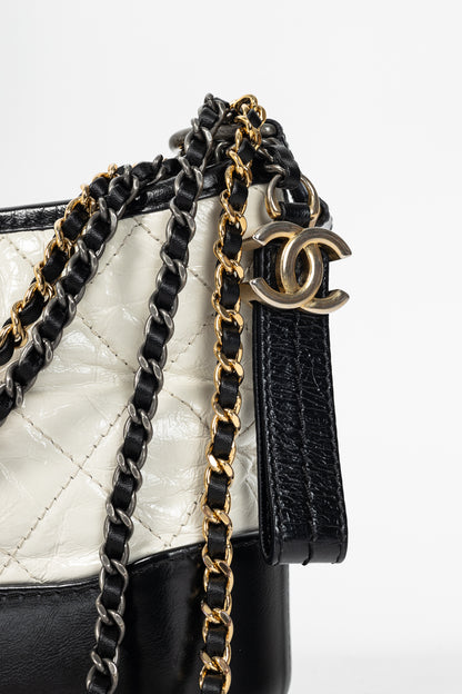 Chanel Small Gabrielle Hobo White & Black Aged Calfskin Quilted-Leather Shoulder Bag