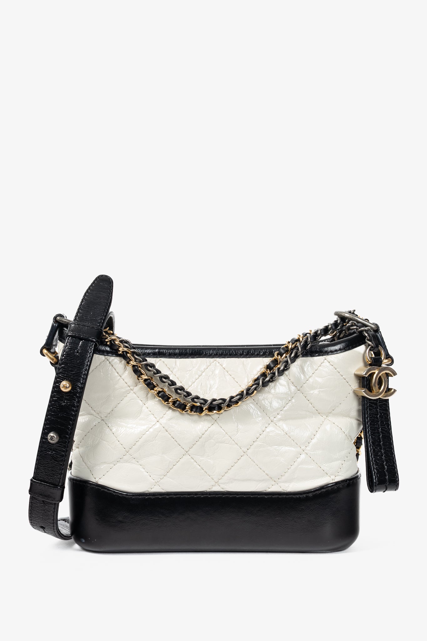 Chanel Small Gabrielle Hobo White & Black Aged Calfskin Quilted-Leather Shoulder Bag