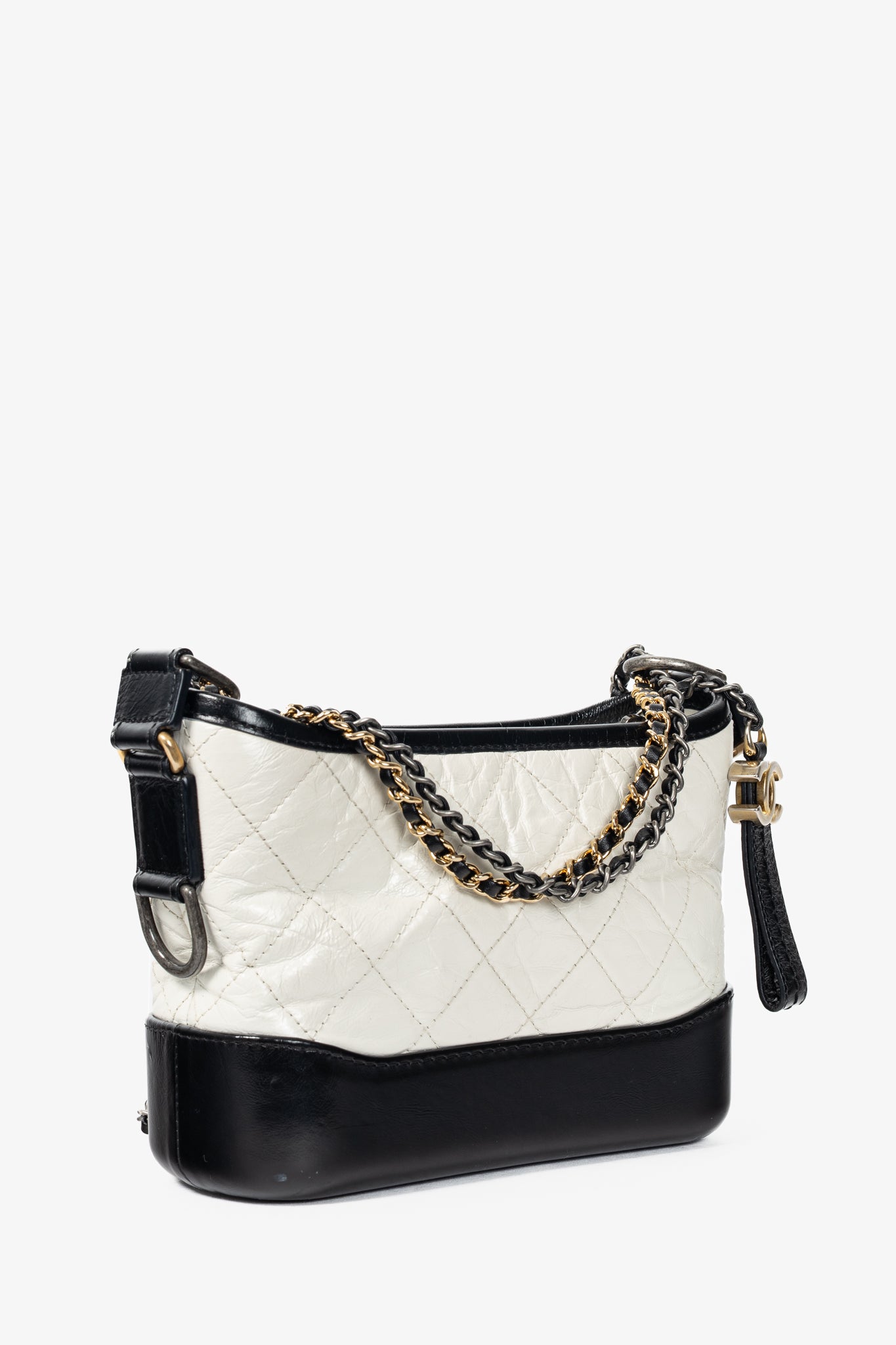 Chanel Small Gabrielle Hobo White & Black Aged Calfskin Quilted-Leather Shoulder Bag