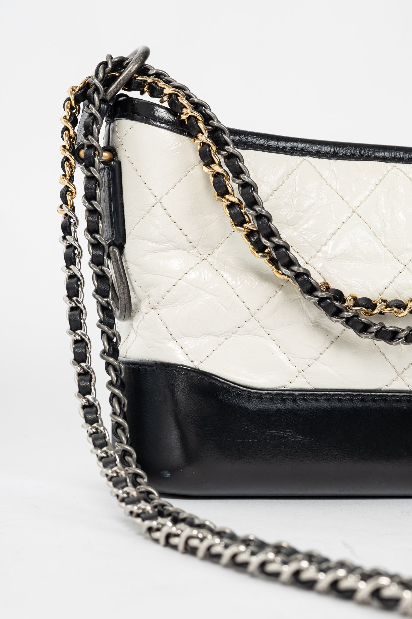 Chanel Small Gabrielle Hobo White & Black Aged Calfskin Quilted-Leather Shoulder Bag