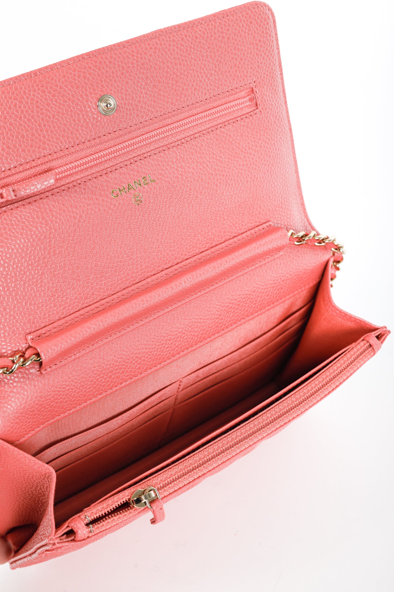 Chanel Coral Pink Caviar Quilted Classic Wallet on Chain