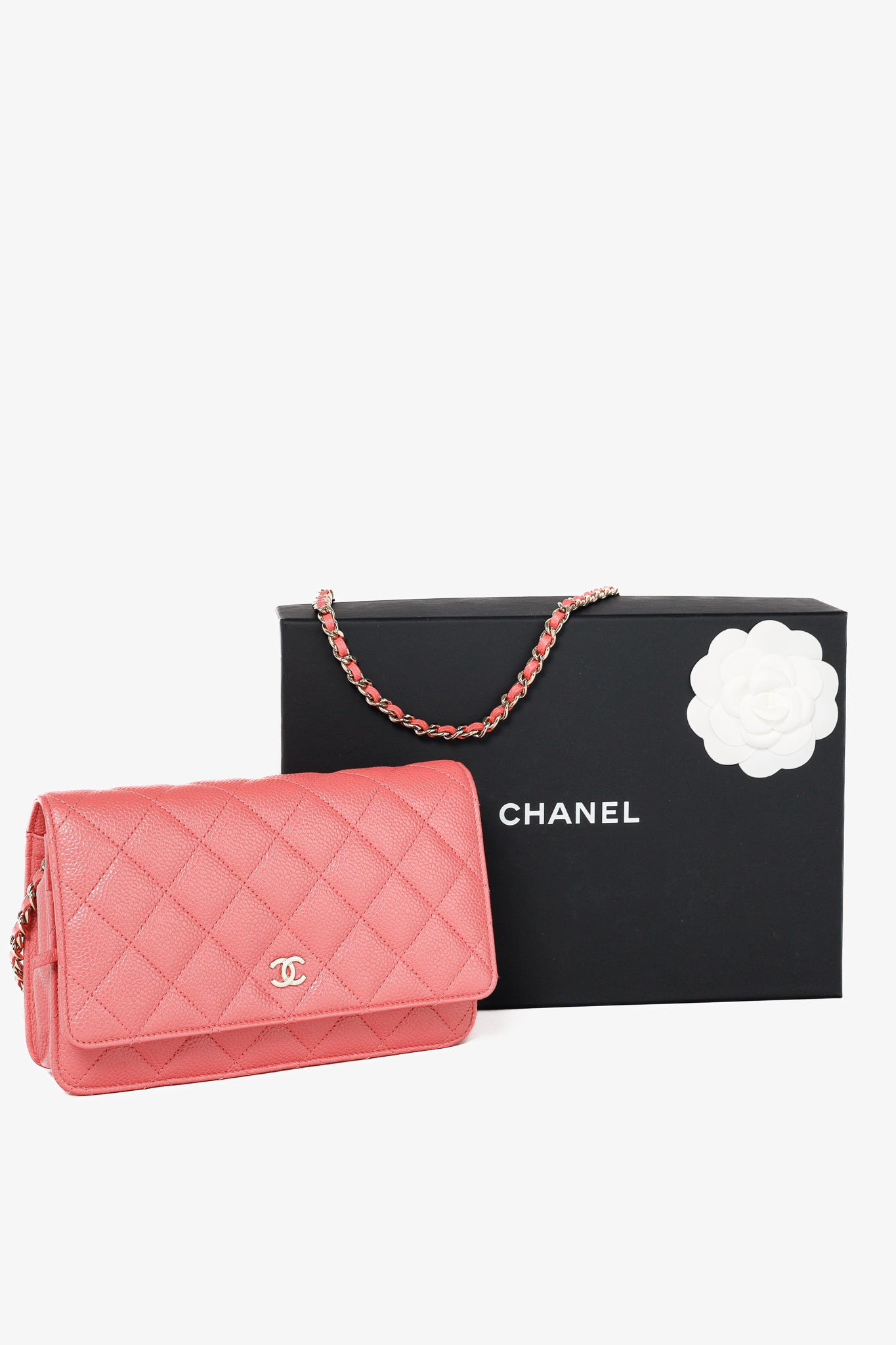 Chanel Coral Pink Caviar Quilted Classic Wallet on Chain
