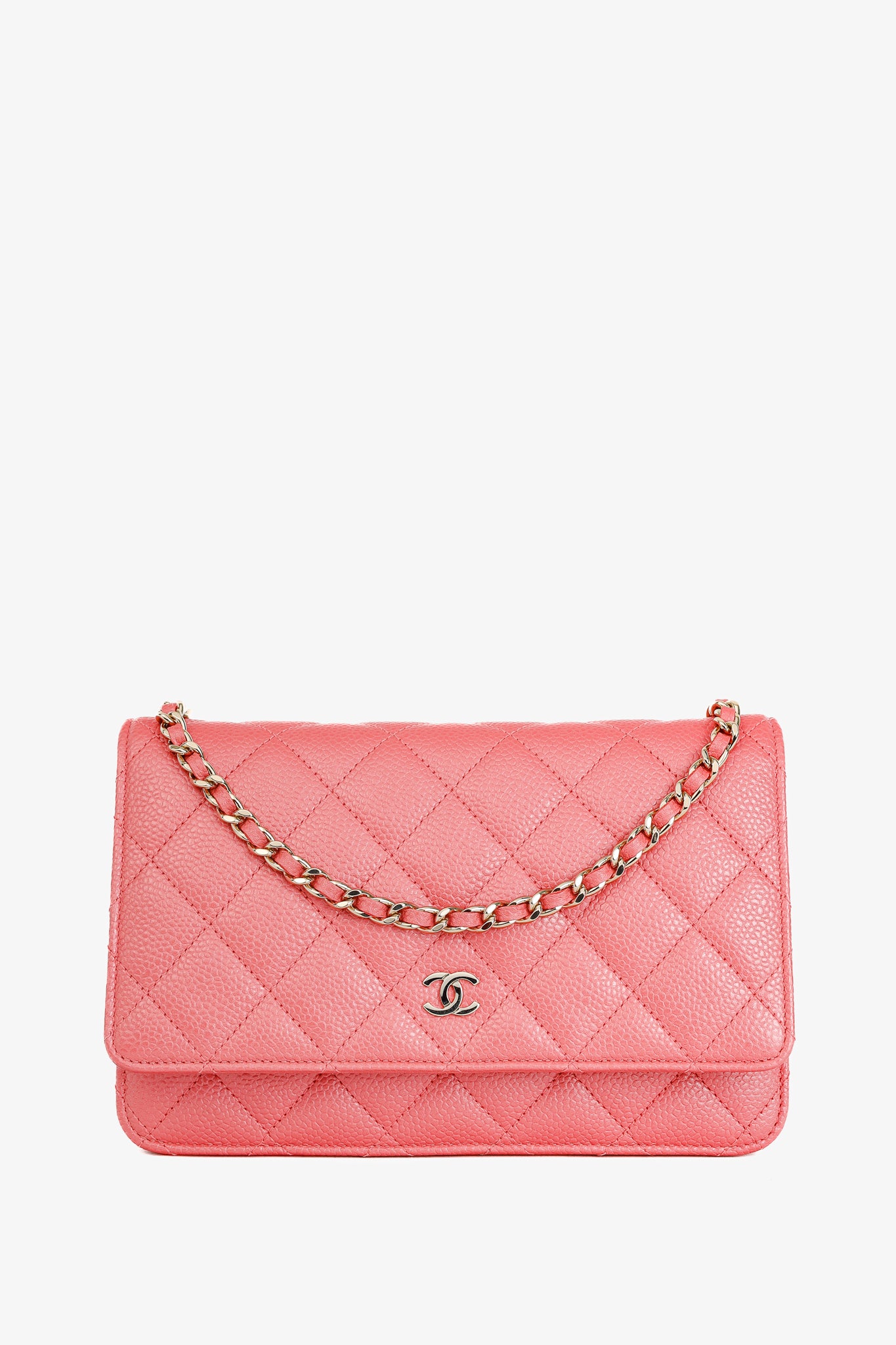 Chanel Coral Pink Caviar Quilted Classic Wallet on Chain