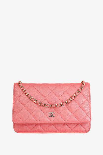 Chanel Coral Pink Caviar Quilted Classic Wallet on Chain