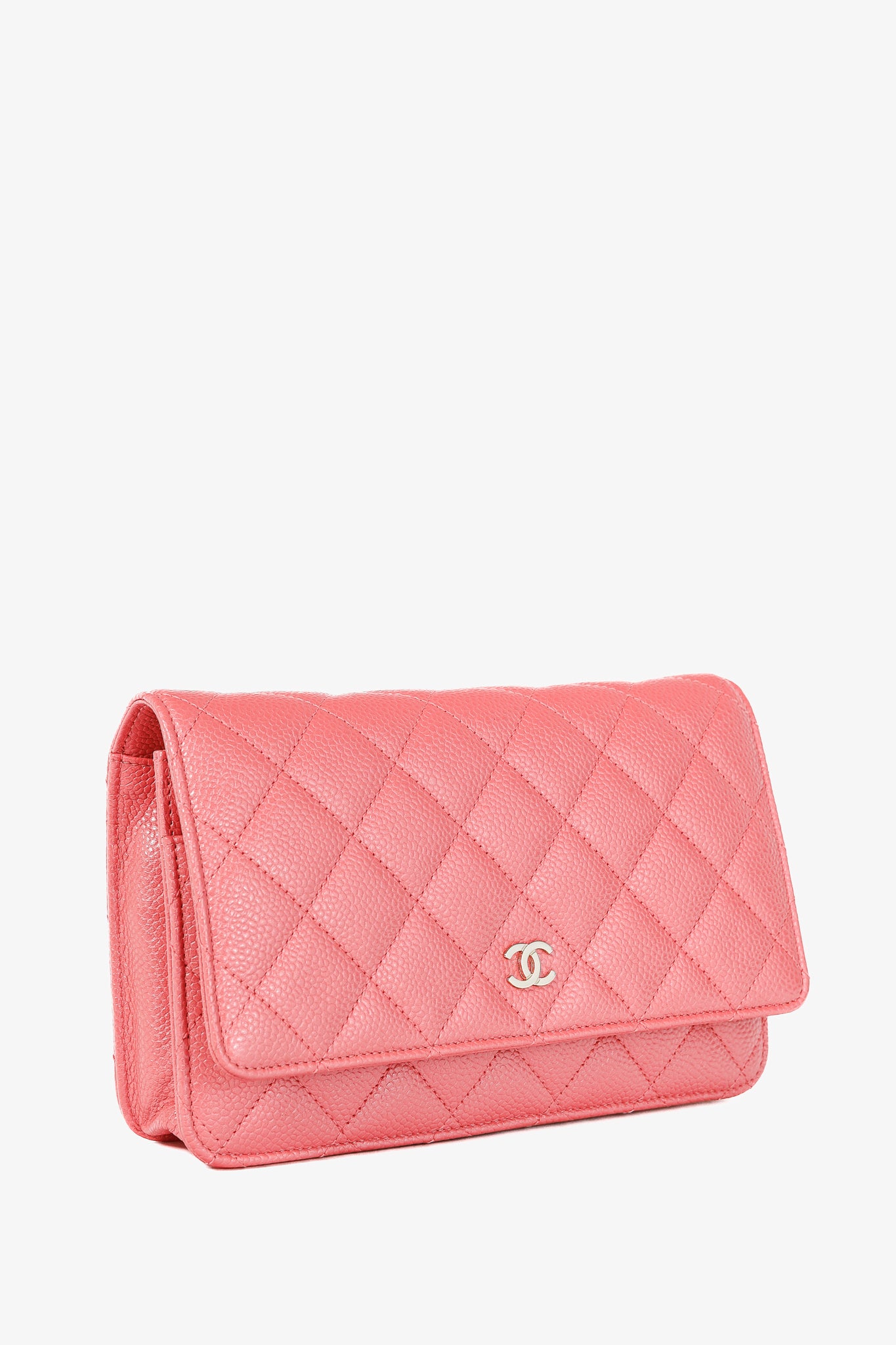 Chanel Coral Pink Caviar Quilted Classic Wallet on Chain