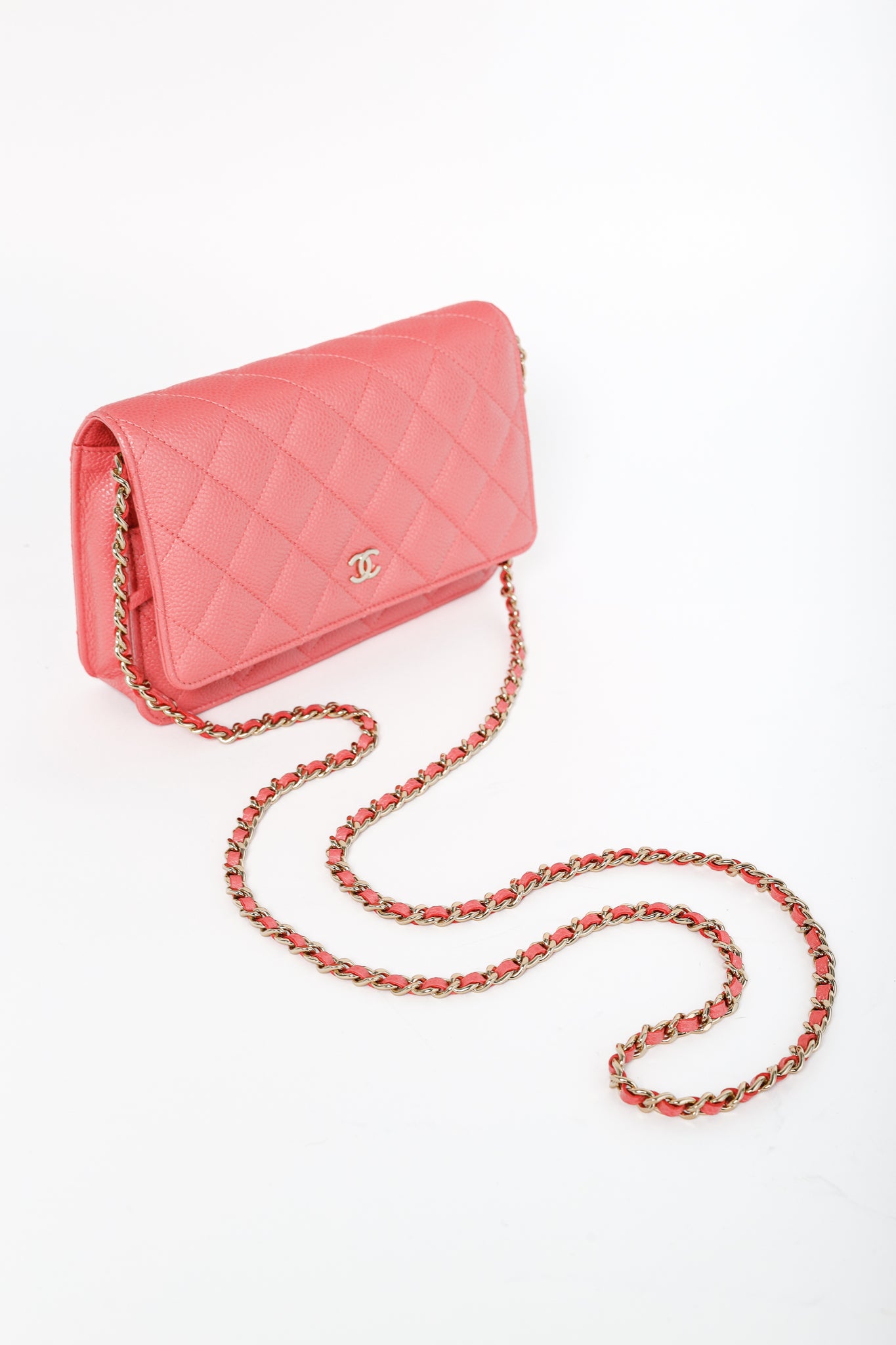 Chanel Coral Pink Caviar Quilted Classic Wallet on Chain