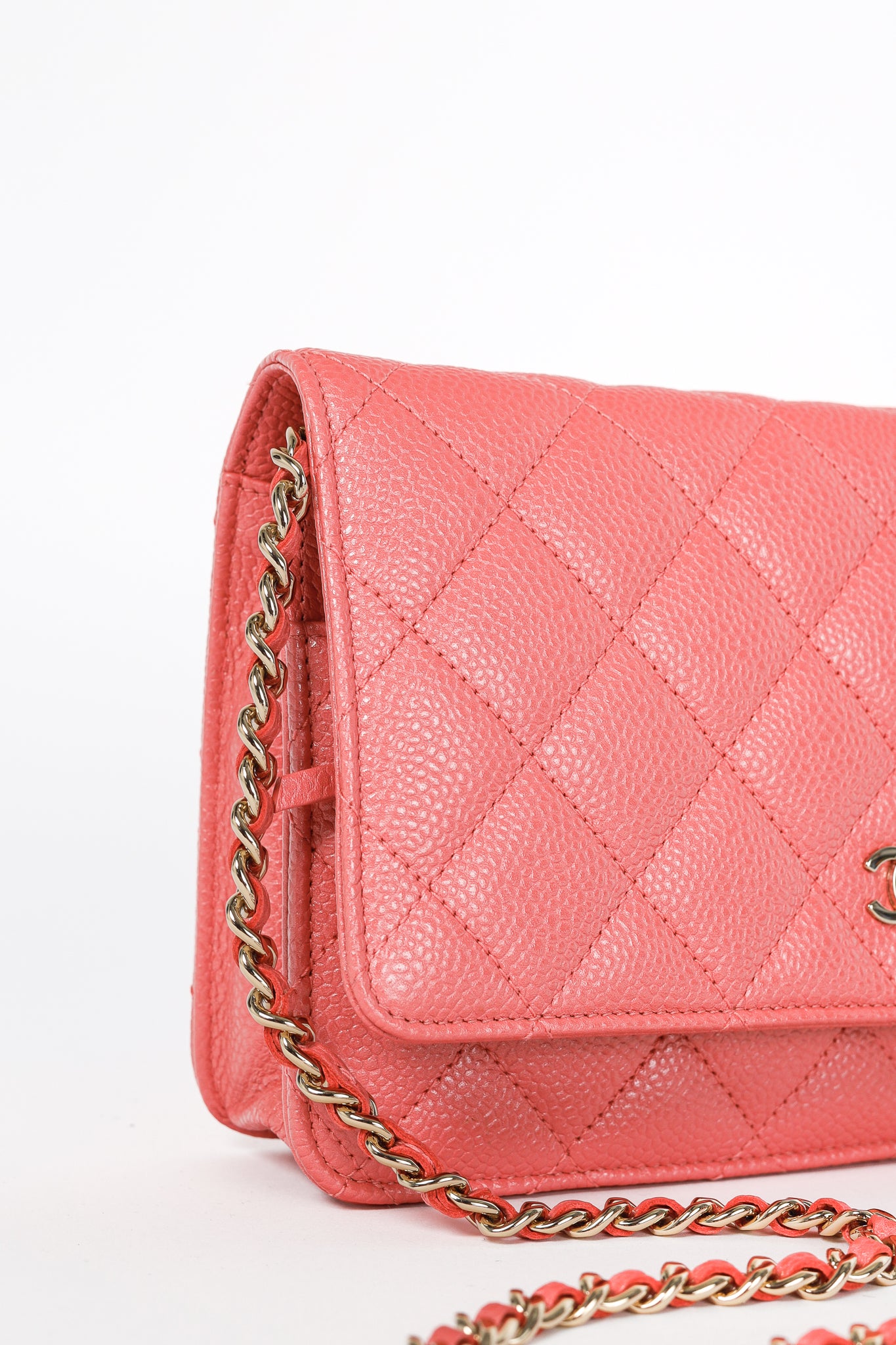 Chanel Coral Pink Caviar Quilted Classic Wallet on Chain