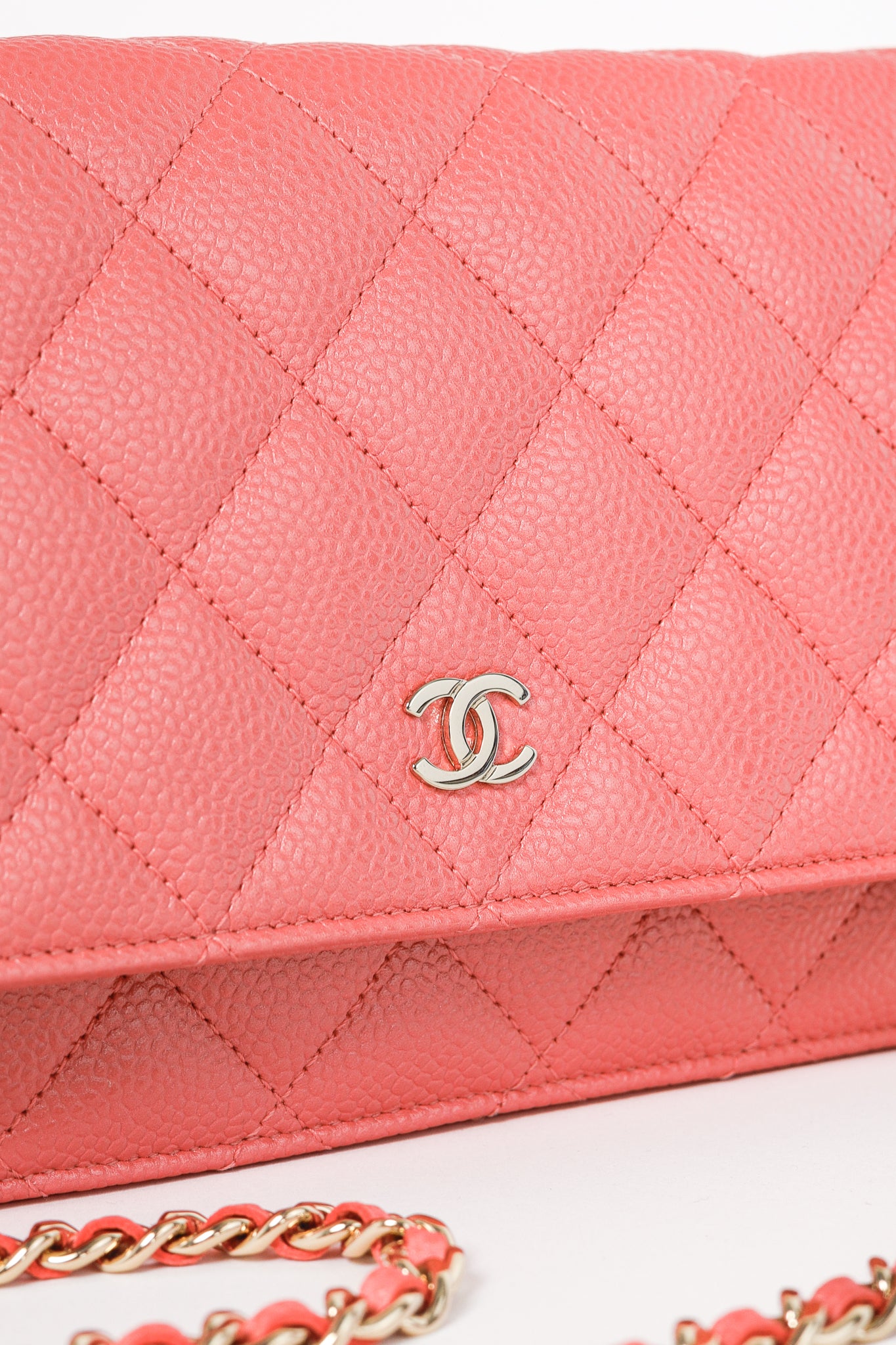 Chanel Coral Pink Caviar Quilted Classic Wallet on Chain