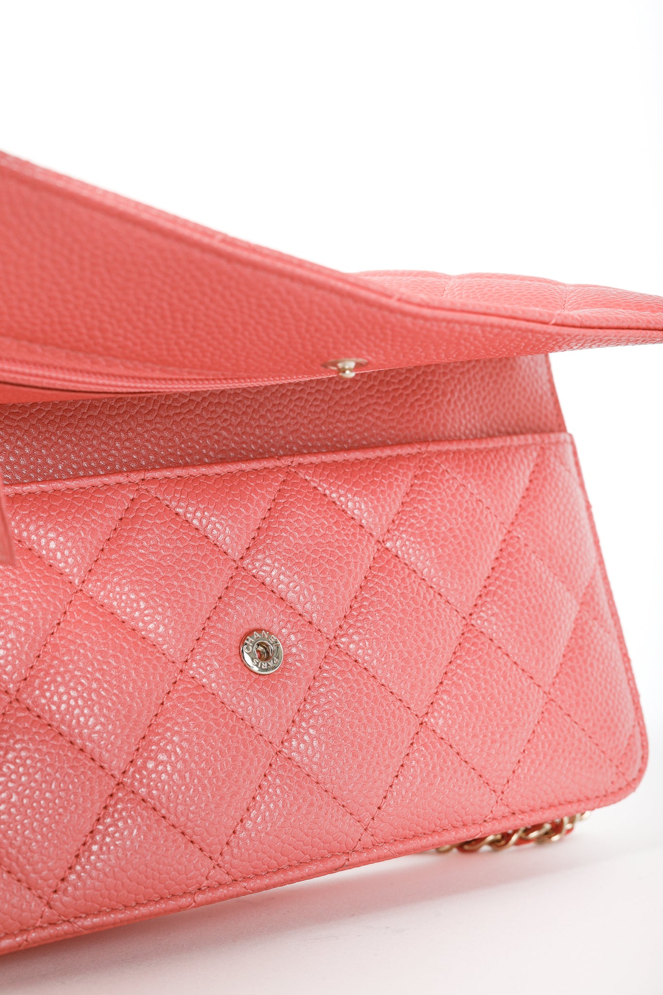 Chanel Coral Pink Caviar Quilted Classic Wallet on Chain