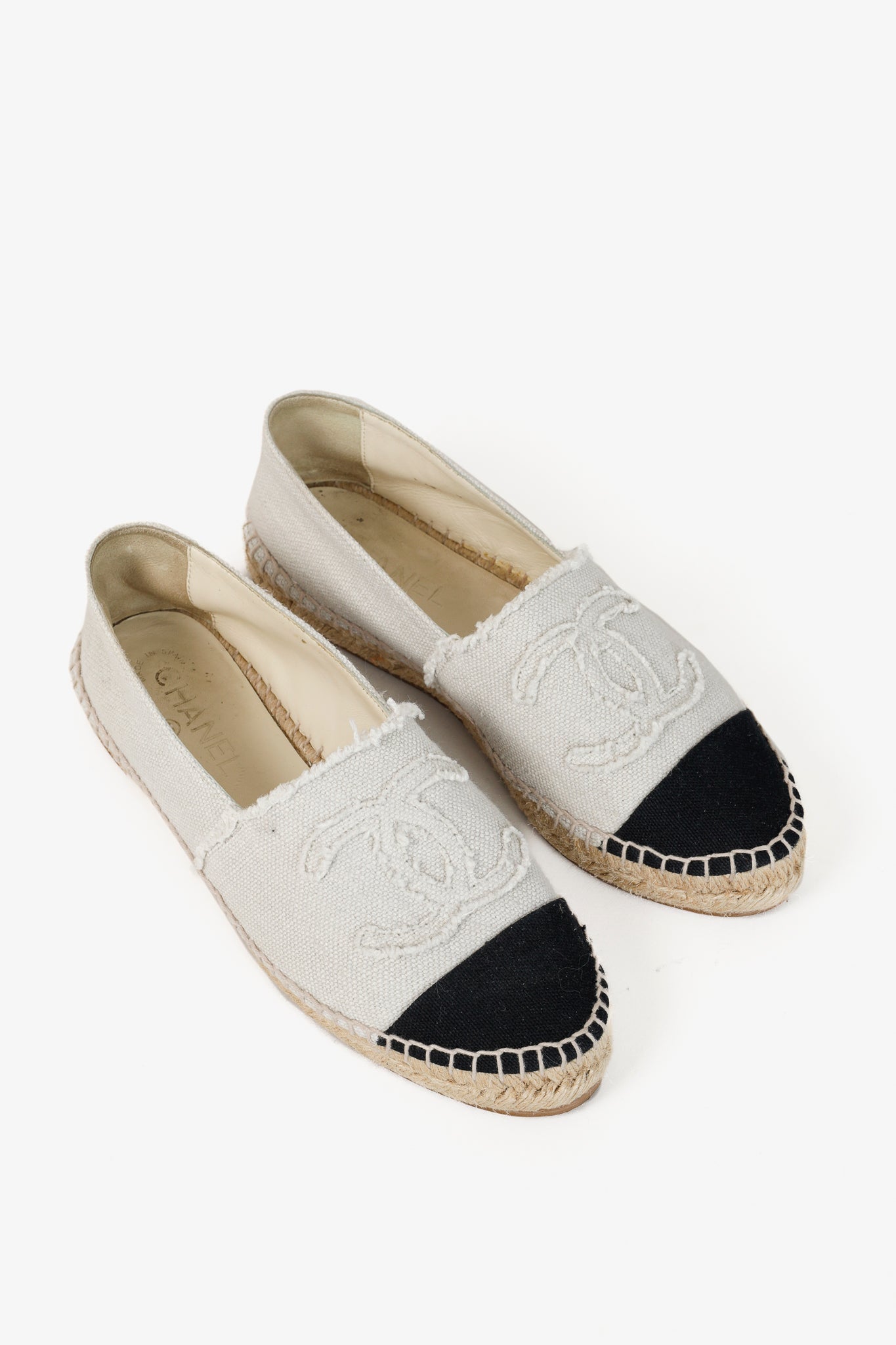 Chanel Fraying CC Textile Espadrille Flats in White and Black