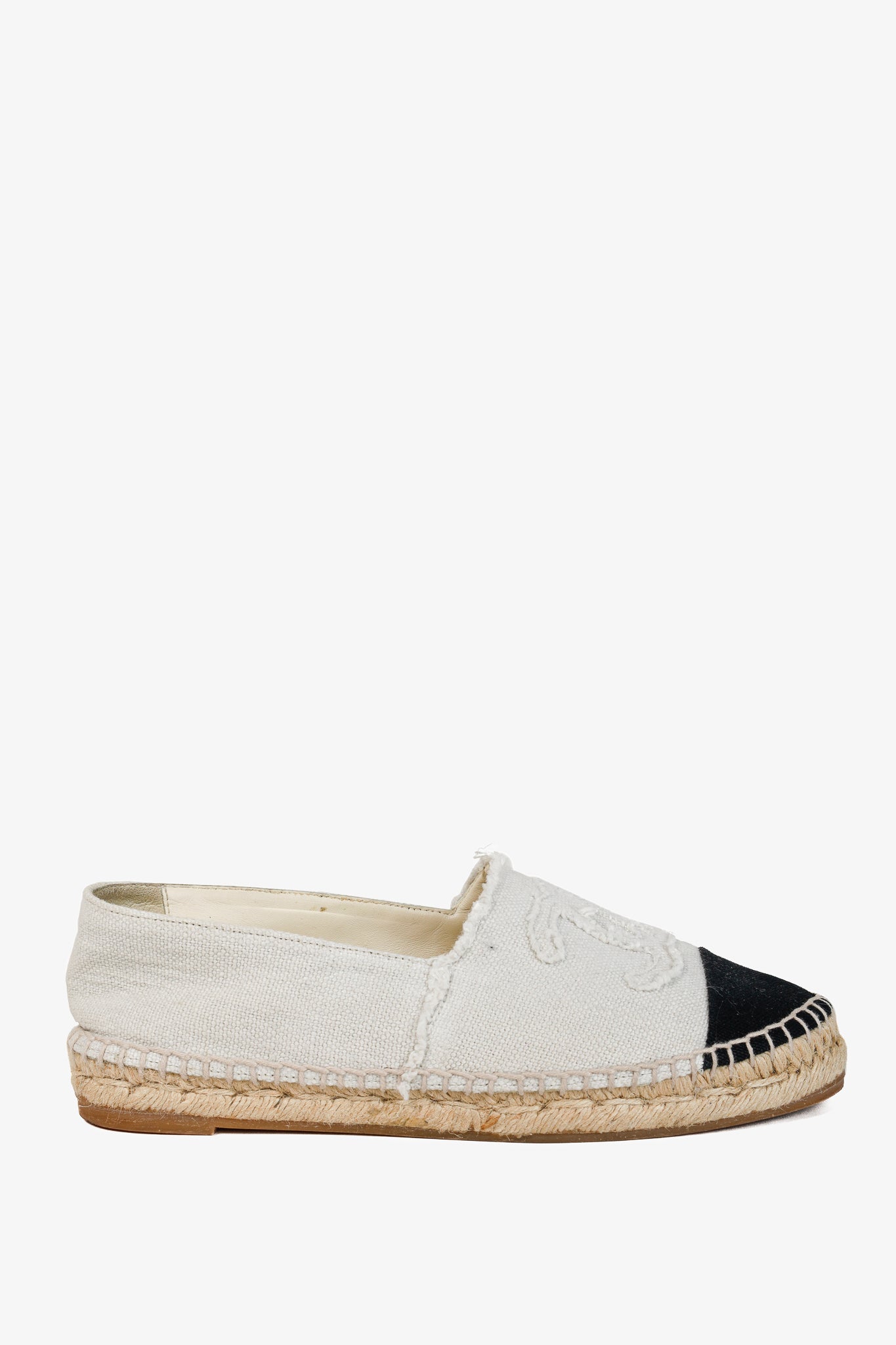 Chanel Fraying CC Textile Espadrille Flats in White and Black